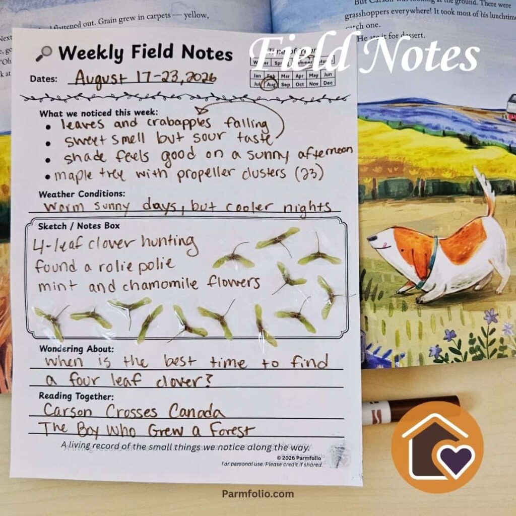 August Homeschool Field Journal Notes with Carson Crosses Canada Book