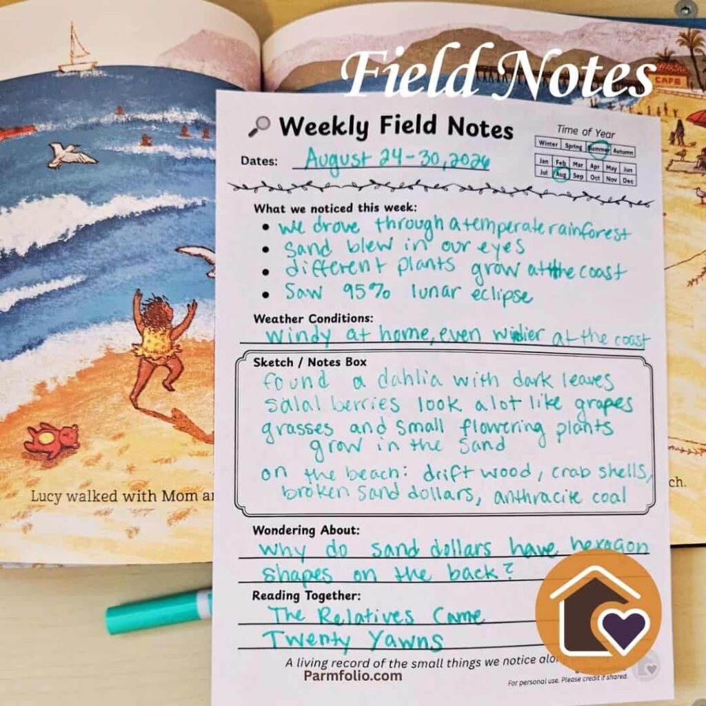 Late August Homeschool Field Journal Notes with Twenty Yawns Beach Book