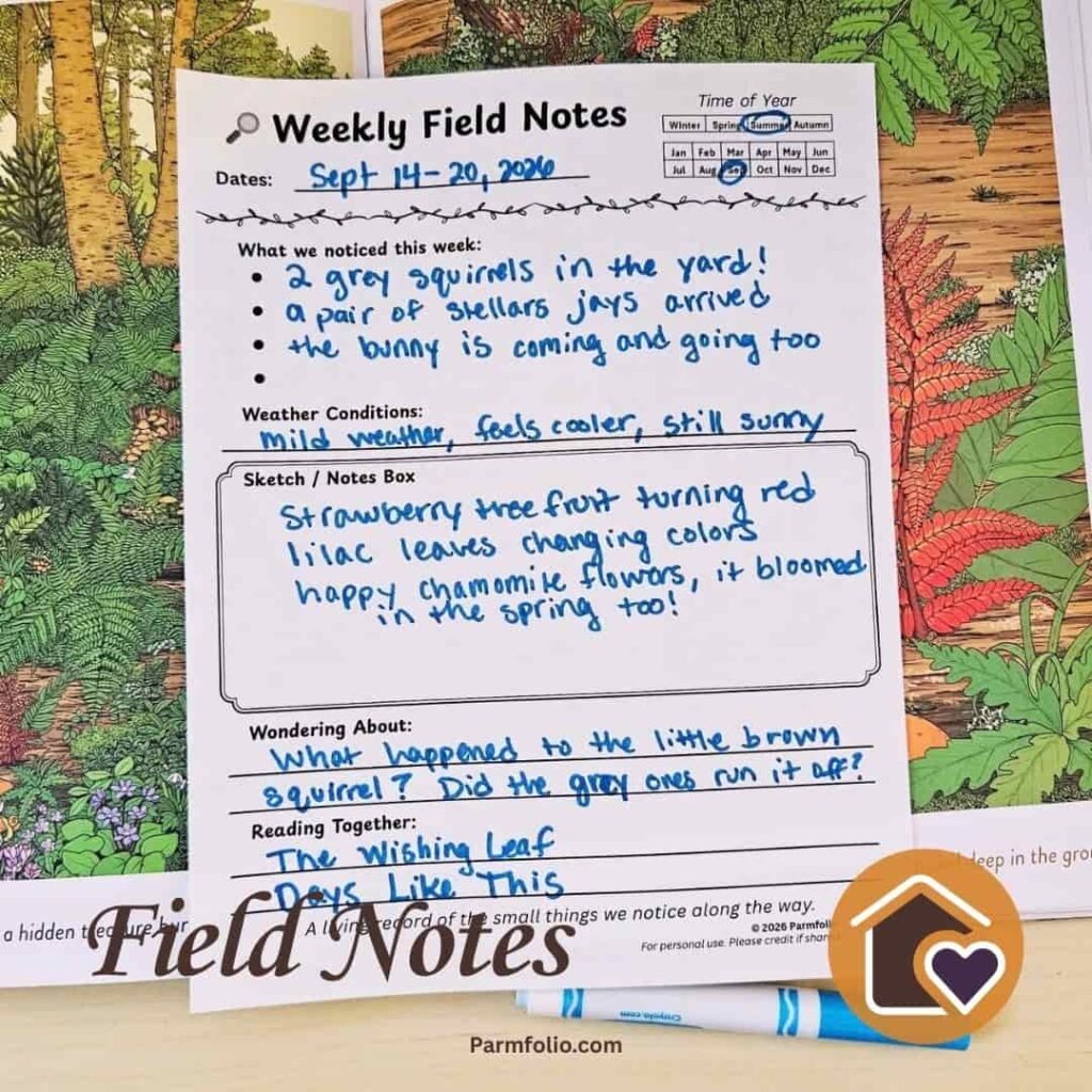 September Homeschool Field Journal Notes with Book