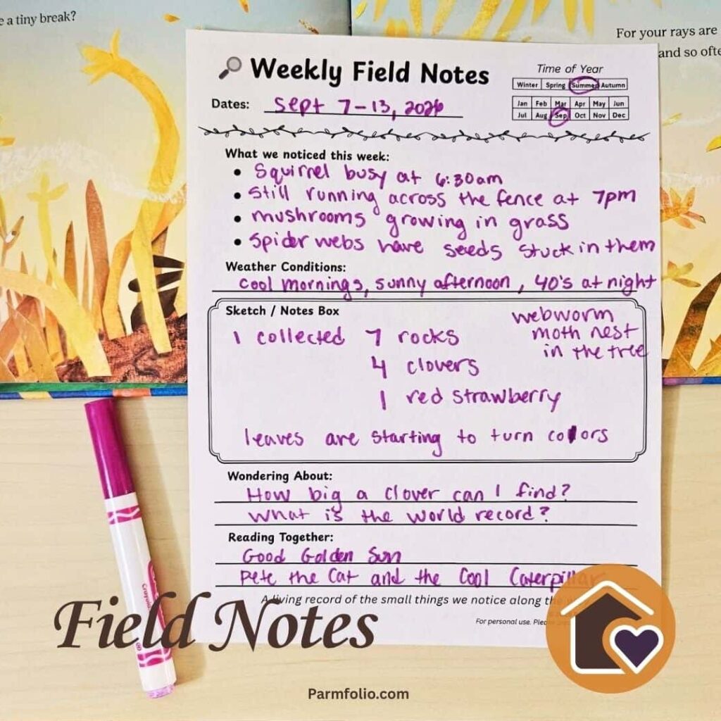 September Homeschool Field Journal Notes with Book